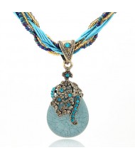 Luxuriant Flowers Attached Water-drop Pendant Bohemian Necklace - Light Blue