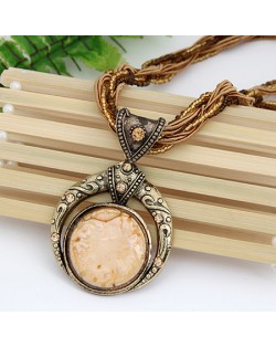 Vintage Bohemian Engraving Pattern Round Gem Inlaid Pendant Necklace - Beige