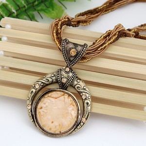 Vintage Bohemian Engraving Pattern Round Gem Inlaid Pendant Necklace - Beige