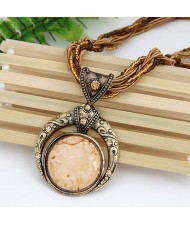 Vintage Bohemian Engraving Pattern Round Gem Inlaid Pendant Necklace - Beige