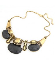 Vintage Bohemian Fashion Golden Metallic with Triple Gems Design Necklace - Black