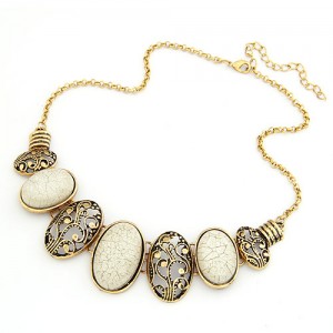 Vintage Oval Shape Hollow-out and Gem Pendants Necklace - White