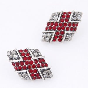 Vintage Rhinestone Inlaid Rhombus Ear Studs - Red