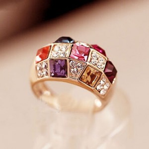 Queen Style Austrian Crystal Inlaid 18K Rose Gold Ring - Blue Red