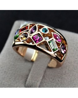 Irregular Multicolor Austrian Crystal Embedded Hollow-out 18K Rose Gold Ring