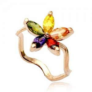 Multicolor Austrian Crystal Flower 18K Rose Gold Curve Ring