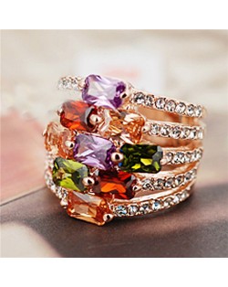 Luxury Colorful Crystal Inlaid Wide Style 18K Rose Gold Ring