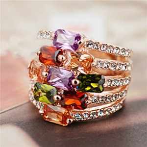Luxury Colorful Crystal Inlaid Wide Style 18K Rose Gold Ring