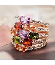 Luxury Colorful Crystal Inlaid Wide Style 18K Rose Gold Ring