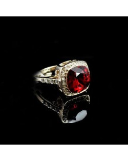 Red Austrian Crystal Inlaid Hollow-out Square Fashion 18K Rose Gold Ring