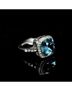 Aquamarine Austrian Crystal Inlaid Hollow-out Square Fashion Platinum Ring
