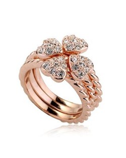 Austrian Rhinestone Inlaid Peach Heart Petal Clover 18K Rose Gold Ring