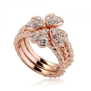Austrian Rhinestone Inlaid Peach Heart Petal Clover 18K Rose Gold Ring