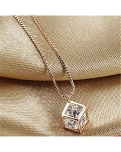 Transparent Austrian Crystal Inlaid Hollow-out Cube 18K Rose Gold Pendant Necklace