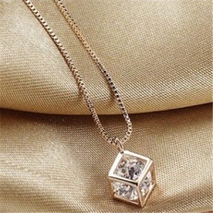 Transparent Austrian Crystal Inlaid Hollow-out Cube 18K Rose Gold Pendant Necklace