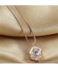 Transparent Austrian Crystal Inlaid Hollow-out Cube 18K Rose Gold Pendant Necklace