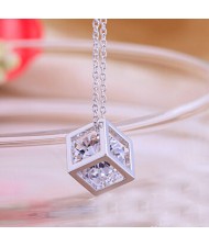 Transparent Austrian Crystal Inlaid Hollow-out Cube Pendant Platinum Plated Necklace