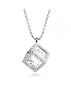 Transparent Austrian Crystal Inlaid Hollow-out Cube Pendant Platinum Plated Necklace