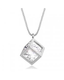 Transparent Austrian Crystal Inlaid Hollow-out Cube Pendant Platinum Plated Necklace