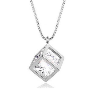 Transparent Austrian Crystal Inlaid Hollow-out Cube Pendant Platinum Plated Necklace