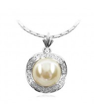 White Pearl Inlaid Rhinestone Rimmed Platinum Plated Pendant Necklace
