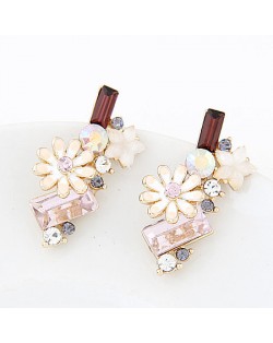Korean Fashion Sweet Chrysanthemum and Rhinestone Combo Design Ear Studs - White
