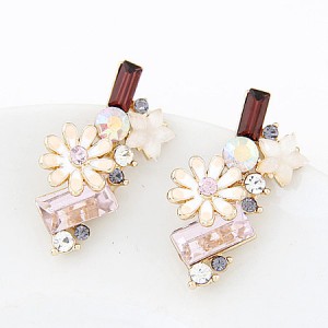 Korean Fashion Sweet Chrysanthemum and Rhinestone Combo Design Ear Studs - White