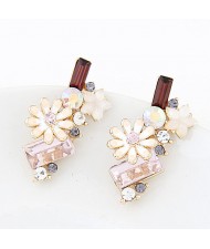 Korean Fashion Sweet Chrysanthemum and Rhinestone Combo Design Ear Studs - White