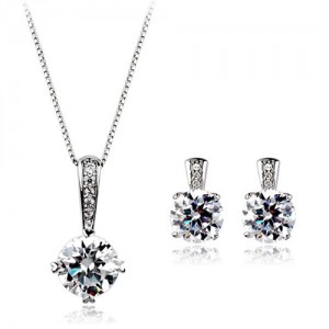 Classic Zirconia Platinum Plated Alloy Necklace and Earrings Set