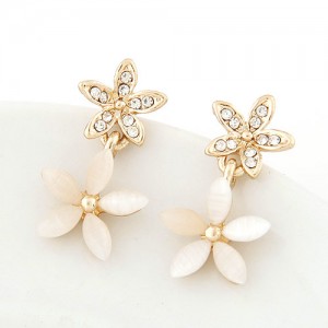 Sweet Korean Style Opal and Czech Rhinestone Floral Earrings