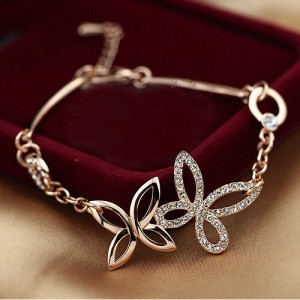 Rhinestone Embellished Pastoral Butterflies Rose Gold Bracelet