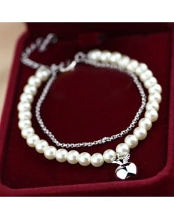 Platinum Plated Apple Pendant Dual Layers Pearl and Alloy Chains Bracelet