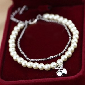 Platinum Plated Apple Pendant Dual Layers Pearl and Alloy Chains Bracelet