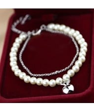 Platinum Plated Apple Pendant Dual Layers Pearl and Alloy Chains Bracelet