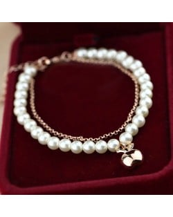 Rose Gold Apple Pendant Dual Layers Pearl and Alloy Chains Bracelet