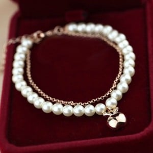 Rose Gold Apple Pendant Dual Layers Pearl and Alloy Chains Bracelet