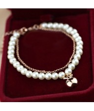 Rose Gold Apple Pendant Dual Layers Pearl and Alloy Chains Bracelet