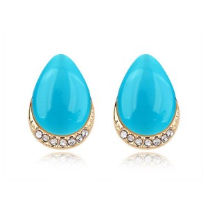 Korean Fashion Opal Waterdrop Shape Ear Studs - Blue