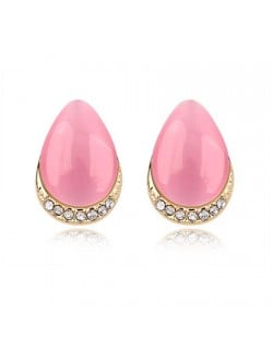 Korean Fashion Opal Waterdrop Shape Ear Studs - Pink