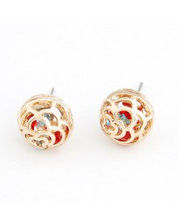 Colorful Rhinestone Inlaid Floral Hollow Golden Ball Design Ear Studs