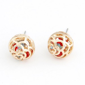 Colorful Rhinestone Inlaid Floral Hollow Golden Ball Design Ear Studs