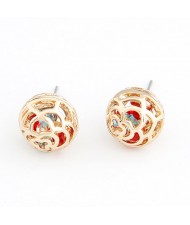 Colorful Rhinestone Inlaid Floral Hollow Golden Ball Design Ear Studs