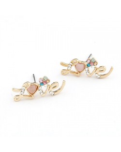 Rhinestone Flower Decorated Love Ear Studs
