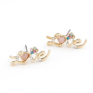 Rhinestone Flower Decorated Love Ear Studs