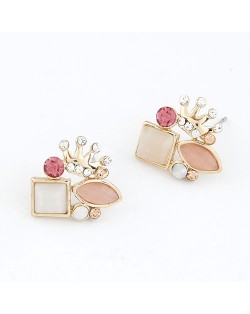 Rhinestone Crown Fashion Opal Ear Studs