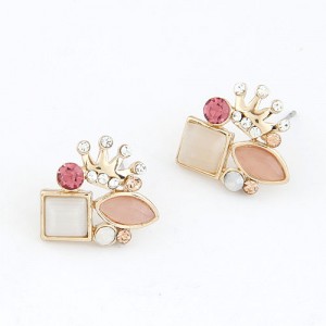 Rhinestone Crown Fashion Opal Ear Studs