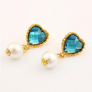 Golden Rimmed Green Hearts with Dangling Pearl Earrings