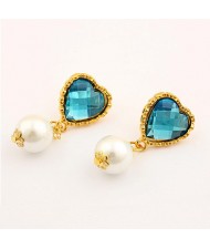 Golden Rimmed Green Hearts with Dangling Pearl Earrings