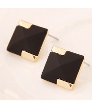 Korean Style Golden Decorations Black Squares Ear Studs