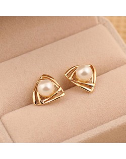 Korean Fashion Pearl Inlaid Golden Hollow Triangles Ear Studs